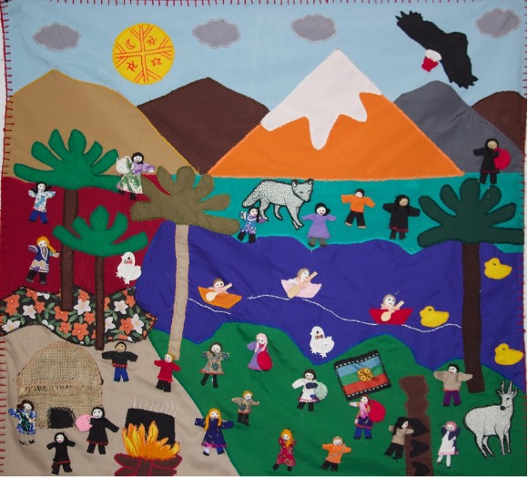 Image: Millaray. 2020. “Pehuenche community during a Piñon gathering ceremony.” Digital Photograph of Arpillera. 1m (w) x 1m. scraps of material sown onto burlap. Location: Nicholas Garcia Johnson, USA. Photographer: Nicholas Garcia Johnson. Provenance: Lo Hermida Arpilleristas, Chile. All Rights Reserved